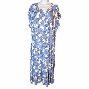 Nicole Miller New York Tropical Floral Midi Dress Pockets Blue White Plus 1X NWT